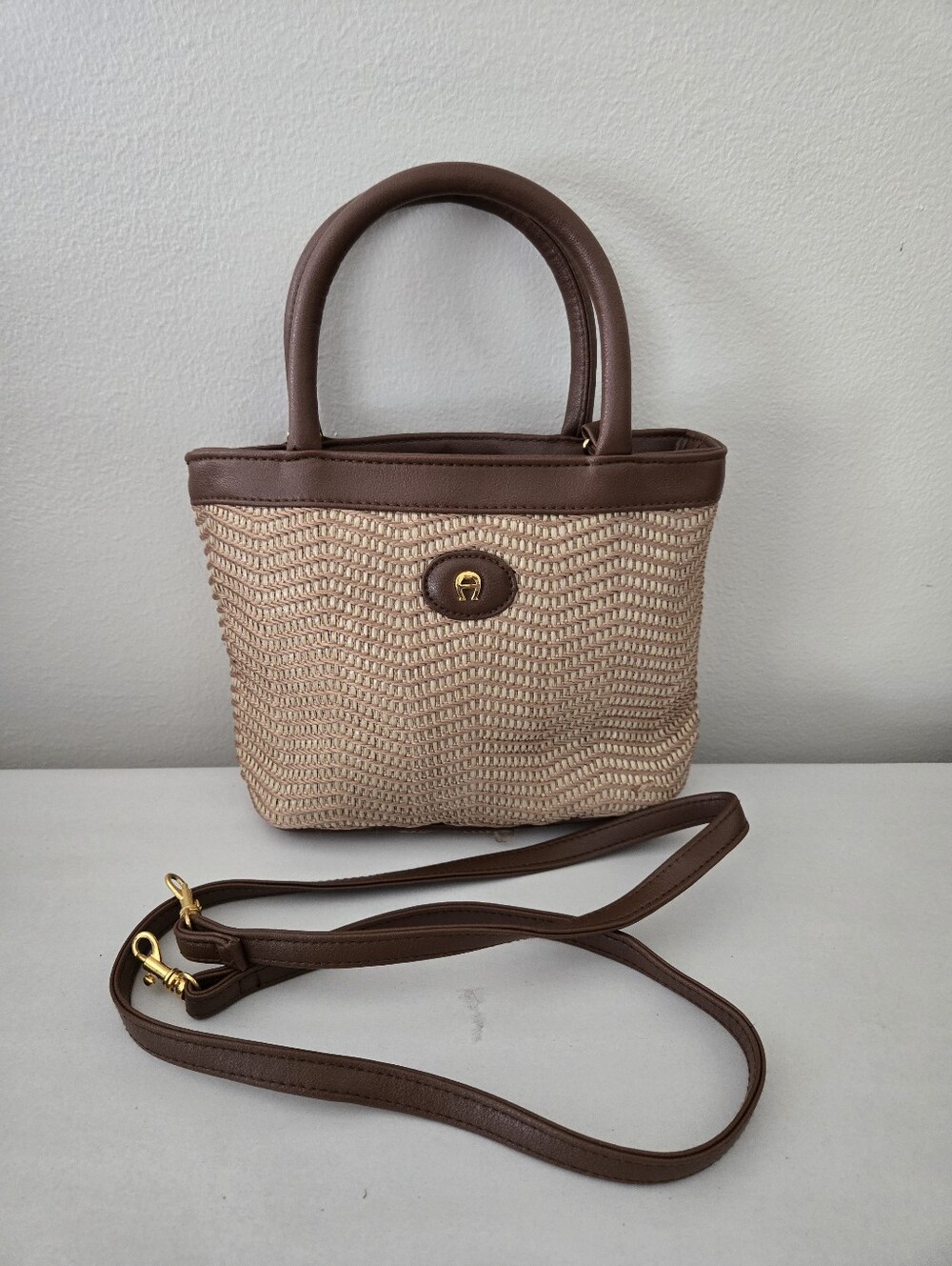 VTG Etienne Aigner Brown Cream Leather Accent Woven Mini Tote Bag
